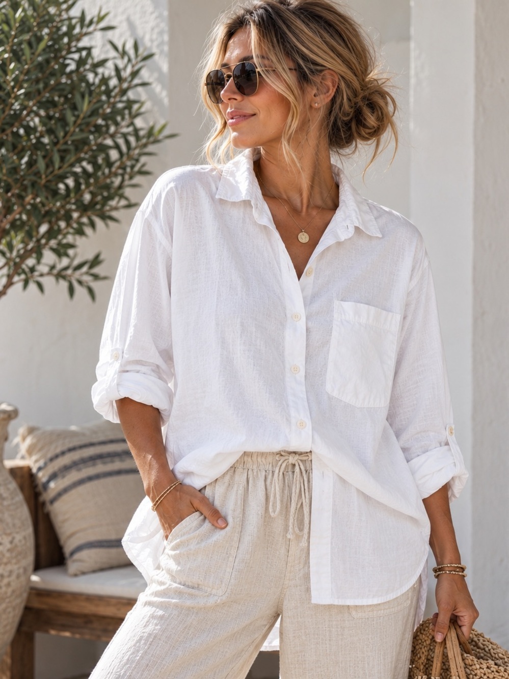 White Linen Cotton Oversized Button Down Coastal Shirt